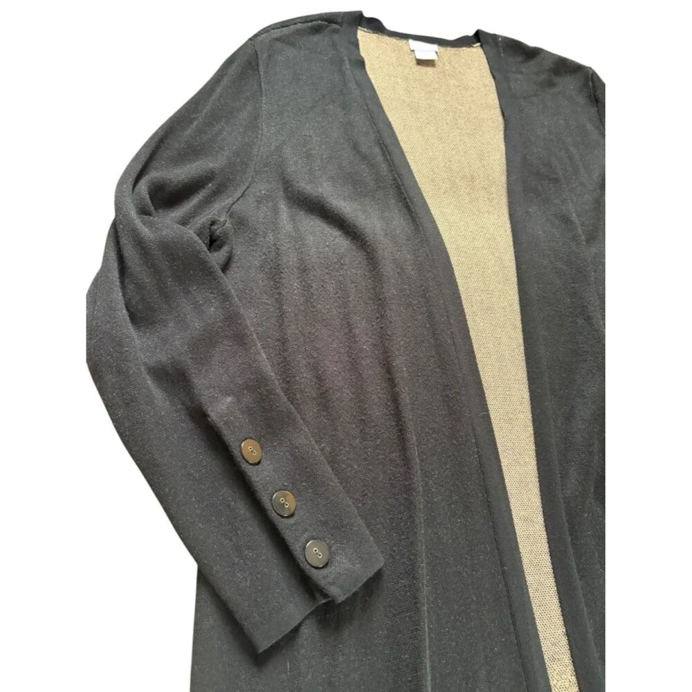 Chicos Long Black Open Front Sweater Duster Cardigan Leopard Motif Womens Large - Picture 9 of 9